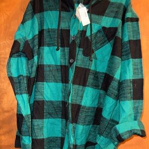 Green and Black Plaid Hooded Shirt